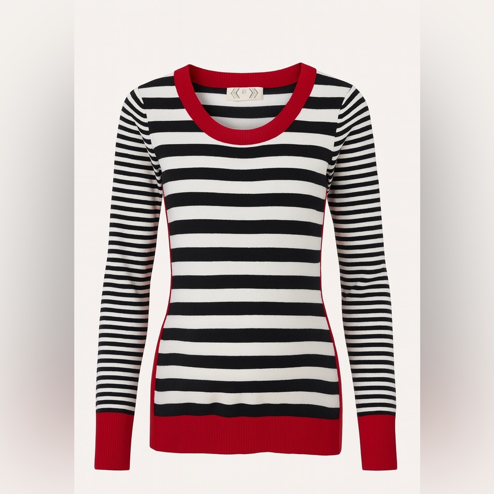 Striped Blue and White Sweater with Red Accents